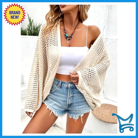Oversized Open Front Cardigan Lightweight Knit Sweater Beach Cover Up - Picture 4 of 7